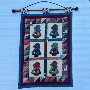 Handmade Sunbonnet Sue Quilted Wall Hanging Patchwork Folk Art with Wood Rod